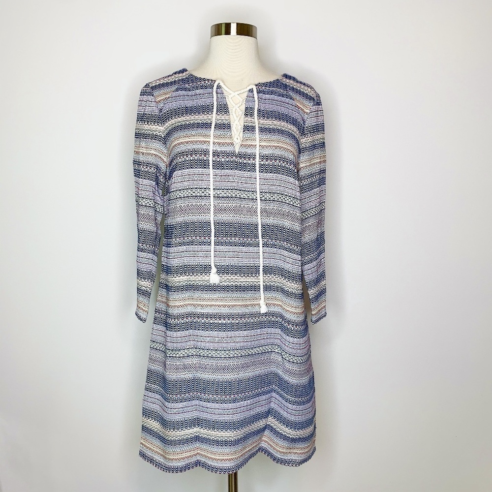 Lilla P Dress Blue Cream Tie Front 3/4 Sleeve NWT‎